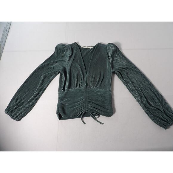 ASTR The Label Blouse XS Smocked Crop Career Accordian Pleated Green Slate V - Picture 5 of 11
